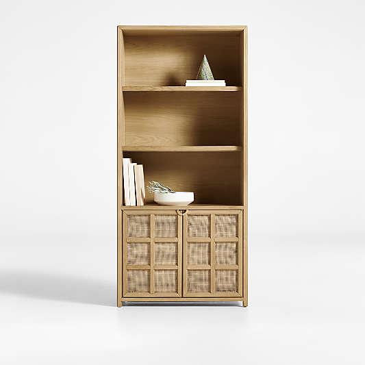 Campagna 39" Rattan and Natural Oak Wood 3-Shelf Storage Bookcase Cabinet