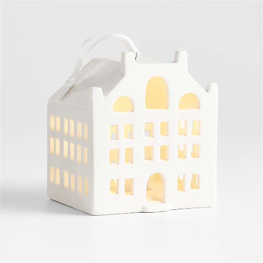 Wide White Ceramic Canal House Christmas Tree Ornament