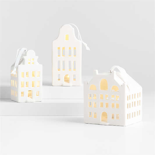 White Ceramic Canal House Christmas Tree Ornaments, Set of 3