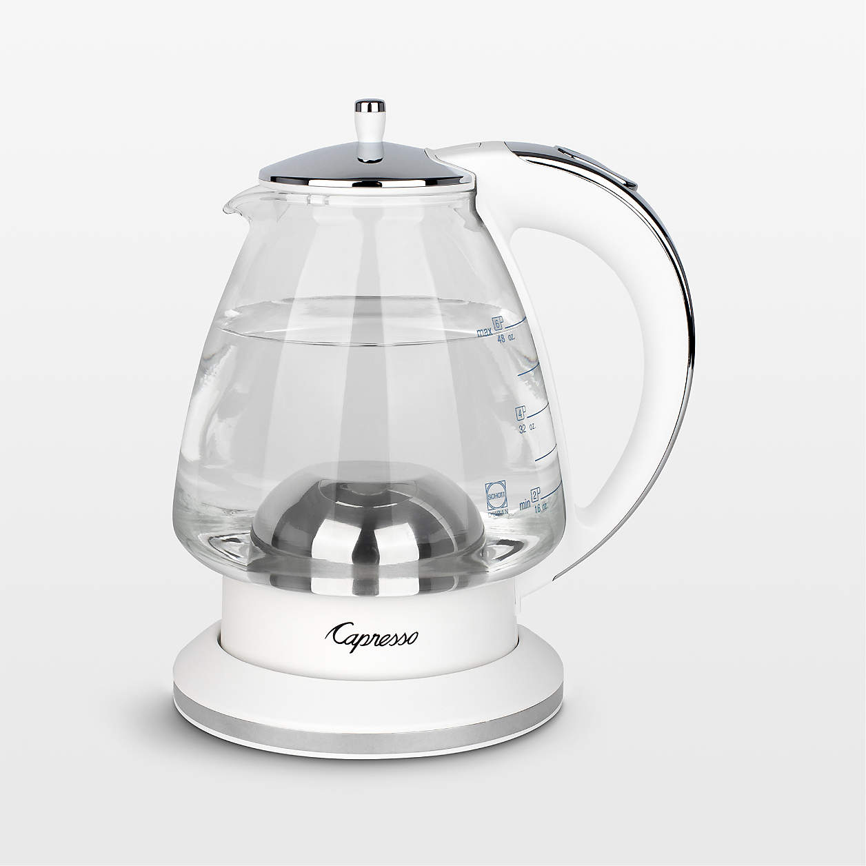 Capresso Glass Tea Kettle with a white base 