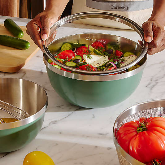 Caraway 6-Piece Stainless Steel Sage Mixing Bowl Set With Glass Lids