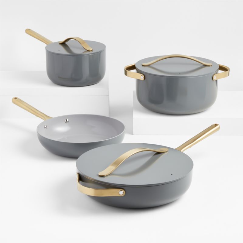 Caraway Home 7-Piece Cream Ceramic Non-Stick Cookware Set with Gold Hardware