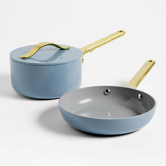 Caraway ® Blue Lagoon Ceramic Non-Stick Mini Fry Pan & Sauce Pan Cookware Duo with Gold Hardware