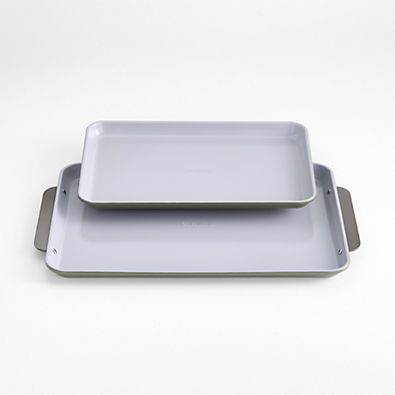 View Caraway ® Olive Green Ceramic Non-Stick 2-Piece Baking Sheet Duo with Gunmetal Hardware details
