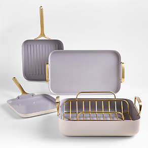 Caraway ® Cream Ceramic Non-Stick Square Grill Pan with Gold Hardware