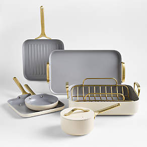 Caraway ® Cream Ceramic Non-Stick Square Grill Pan with Gold Hardware