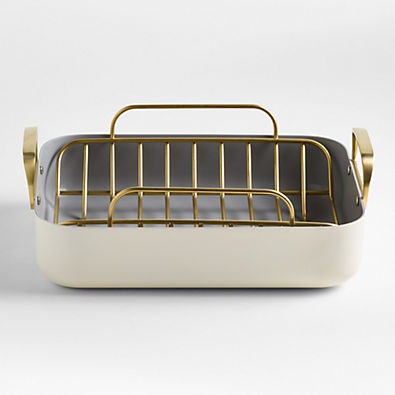 View Caraway ® Cream Ceramic Non-Stick Roasting Pan with Rack & Gold Hardware details