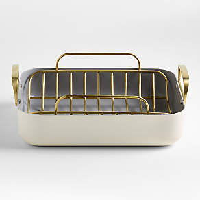 Caraway ® Cream Ceramic Non-Stick Square Grill Pan with Gold Hardware