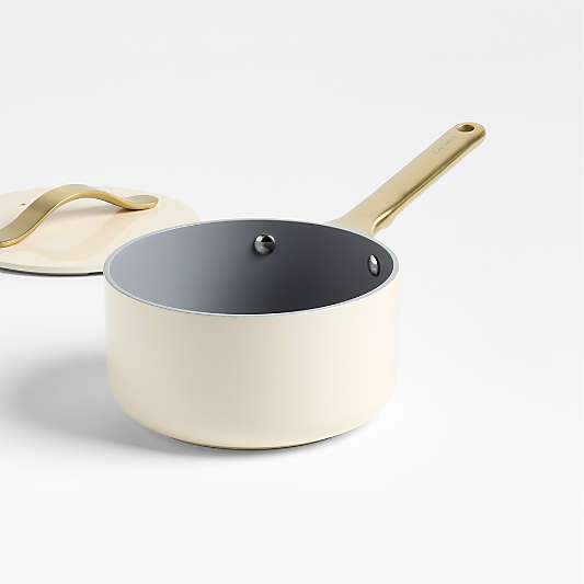 Caraway ® Cream 1.75-Qt. Ceramic Non-Stick Mini Saucepan with Gold Hardware