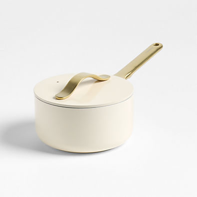 View Caraway ® Cream 1.75-Qt. Ceramic Non-Stick Mini Saucepan with Gold Hardware details