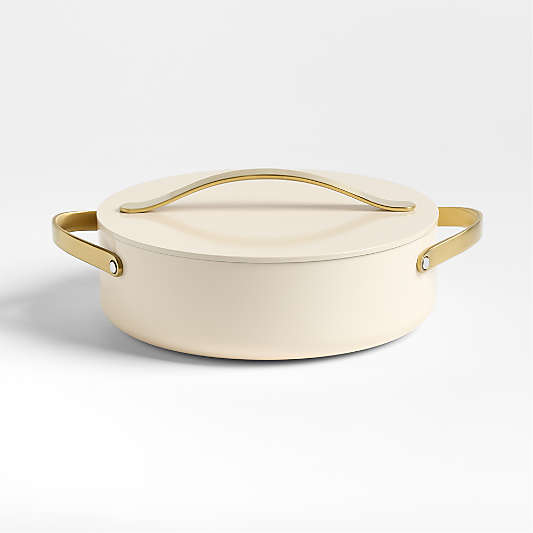 Caraway ® Cookware Plus 6-Qt. Cream Ceramic Nonstick Rondeau Pan with Gold Hardware