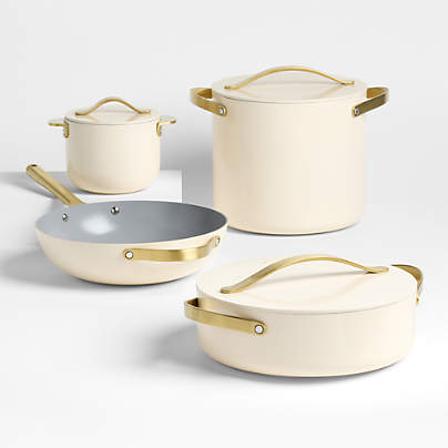 Caraway ® Cookware+ Cream Ceramic Non-Stick 8-Piece Cookware Set with Gold Hardware