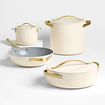 Caraway Cookware+ Cream Ceramic Non-Stick 8-Piece Cookware Set with Gold Hardware + Reviews | Crate & Barrel