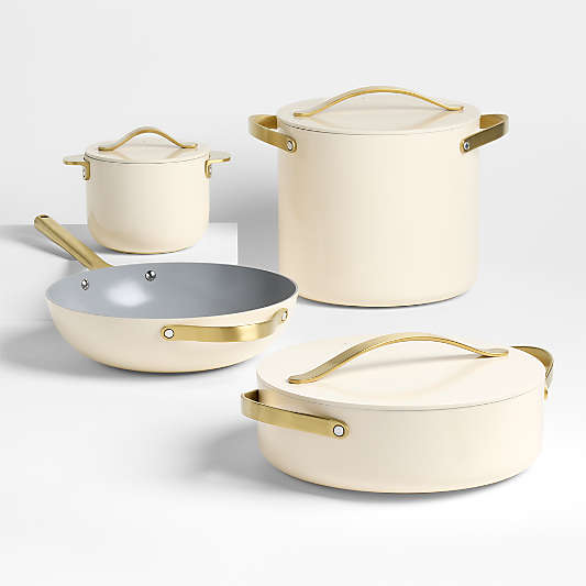 Caraway ® Cookware+ Cream Ceramic Non-Stick 8-Piece Cookware Set with Gold Hardware