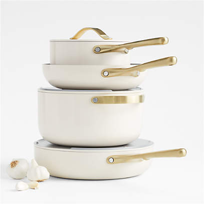 Caraway Home 7-Piece Cream Ceramic Non-Stick Cookware Set with Gold Hardware