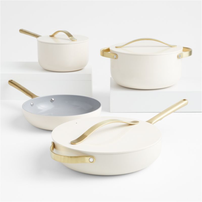 Caraway Home 7-Piece Cream Ceramic Non-Stick Cookware Set with Gold Hardware