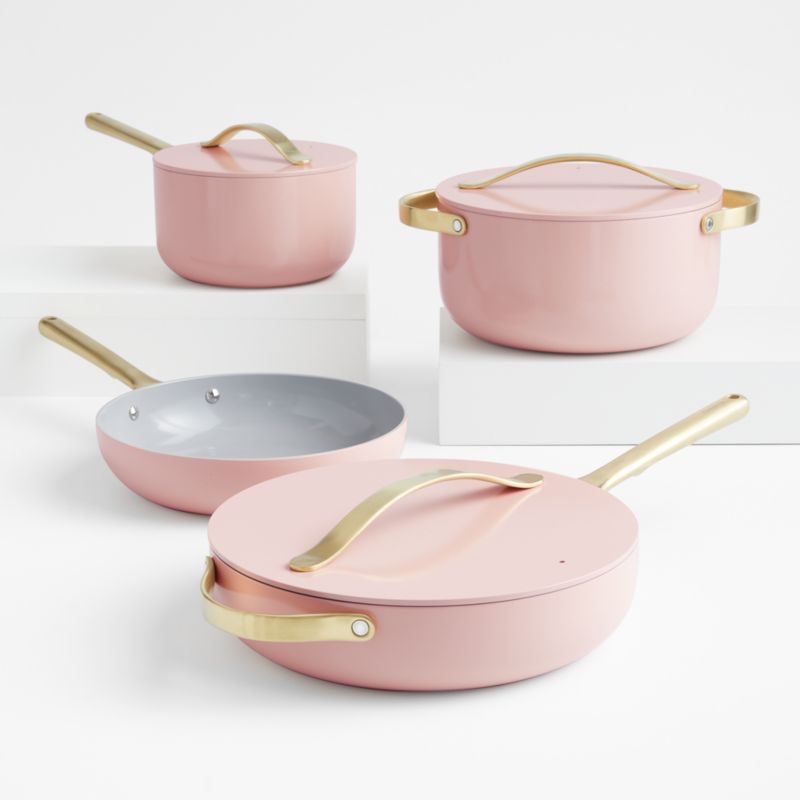 Caraway Home 7-Piece Rose Quartz Pink Ceramic Non-Stick Cookware Set with Gold Hardware + Reviews | Crate & Barrel