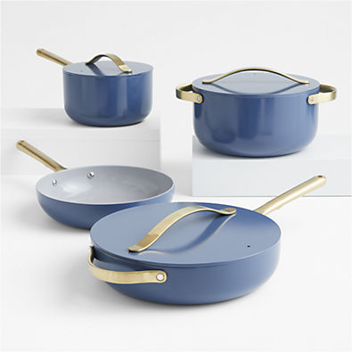 View Caraway Home 7-Piece Sapphire Blue Non-Stick Ceramic Cookware Set with Gold Hardware details