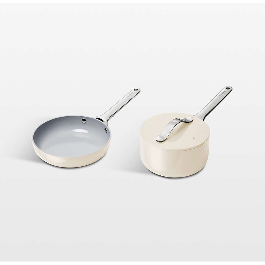 Crate&Barrel Caraway Home 7-Piece Cream Ceramic Non-Stick Cookware Set with  Gold Hardware