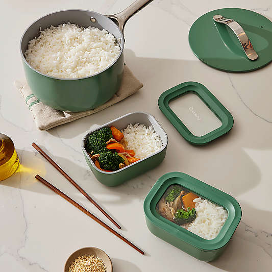 Caraway Cream Mini Rectangular Ceramic-Coated Glass Food Storage Container with Glass-Silicone Lid