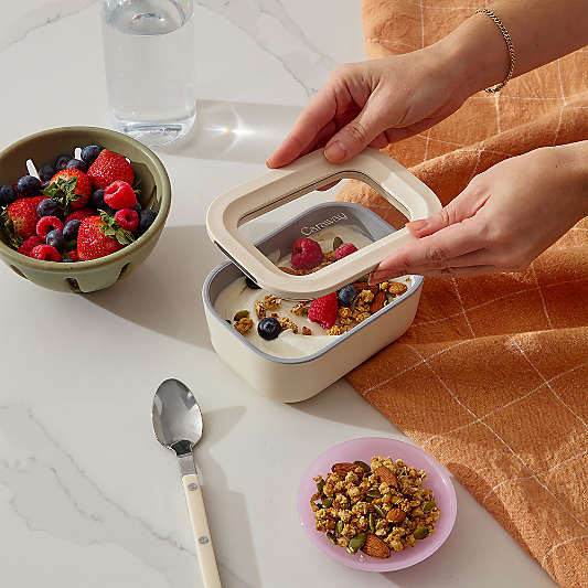 Caraway Mist Mini Rectangular Ceramic-Coated Glass Food Storage Container with Glass-Silicone Lid