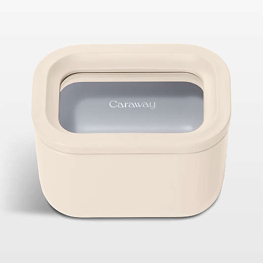 Caraway Cream Mini Rectangular Ceramic-Coated Glass Food Storage Container with Glass-Silicone Lid