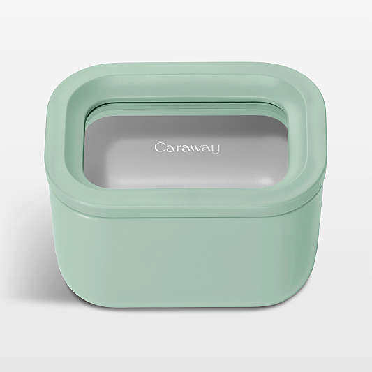 Caraway Mist Mini Rectangular Ceramic-Coated Glass Food Storage Container with Glass-Silicone Lid