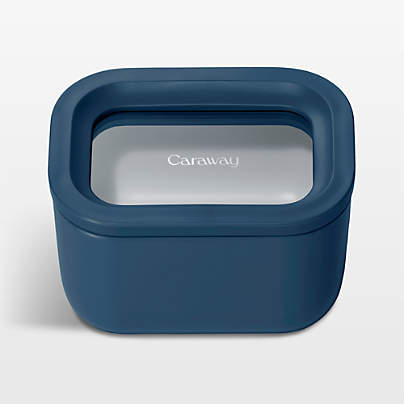 Caraway ® Navy Mini Rectangular Ceramic-Coated Glass Food Storage Container with Glass-Silicone Lid