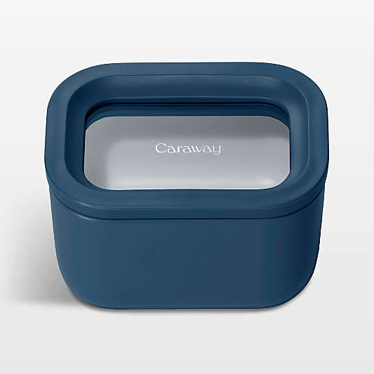 Caraway Navy Mini Rectangular Ceramic-Coated Glass Food Storage Container with Glass-Silicone Lid