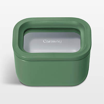 Caraway Sage Mini Rectangular Ceramic-Coated Glass Food Storage Container with Glass-Silicone Lid