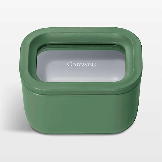 Caraway Sage Mini Rectangular Ceramic-Coated Glass Food Storage Container with Glass-Silicone Lid