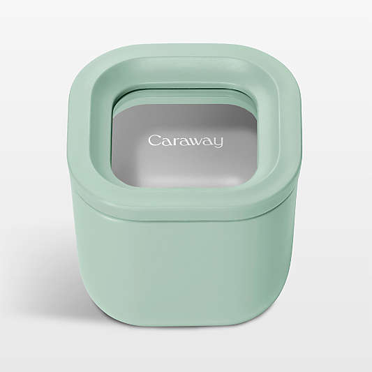 Caraway Mist Mini Square Ceramic-Coated Glass Food Storage Container with Glass-Silicone Lid