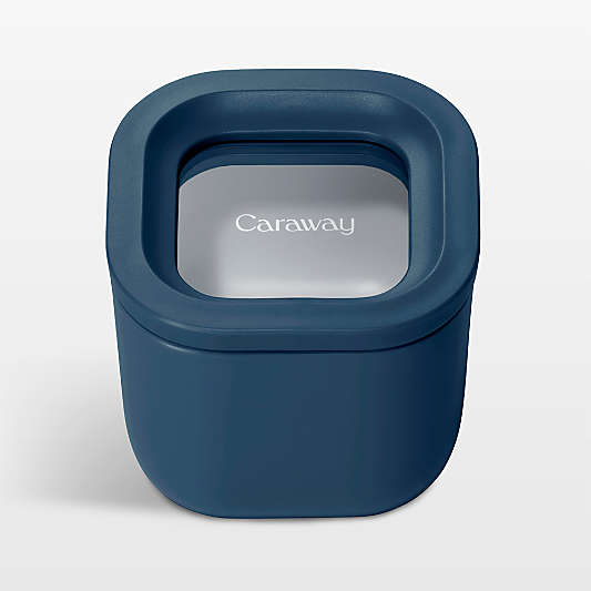 Caraway Navy Mini Square Ceramic-Coated Glass Food Storage Container with Glass-Silicone Lid
