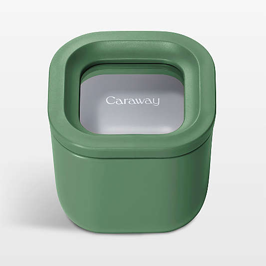 Caraway Sage Mini Square Ceramic-Coated Glass Food Storage Container with Glass-Silicone Lid