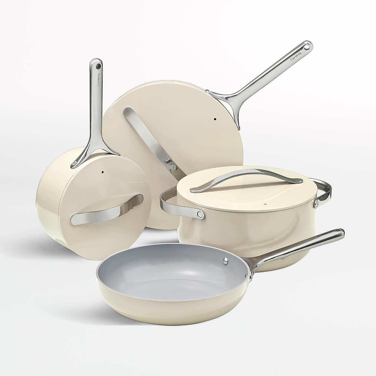 Caraway Home 7-Piece Cream Ceramic Non-Stick Cookware Set with Gold Hardware