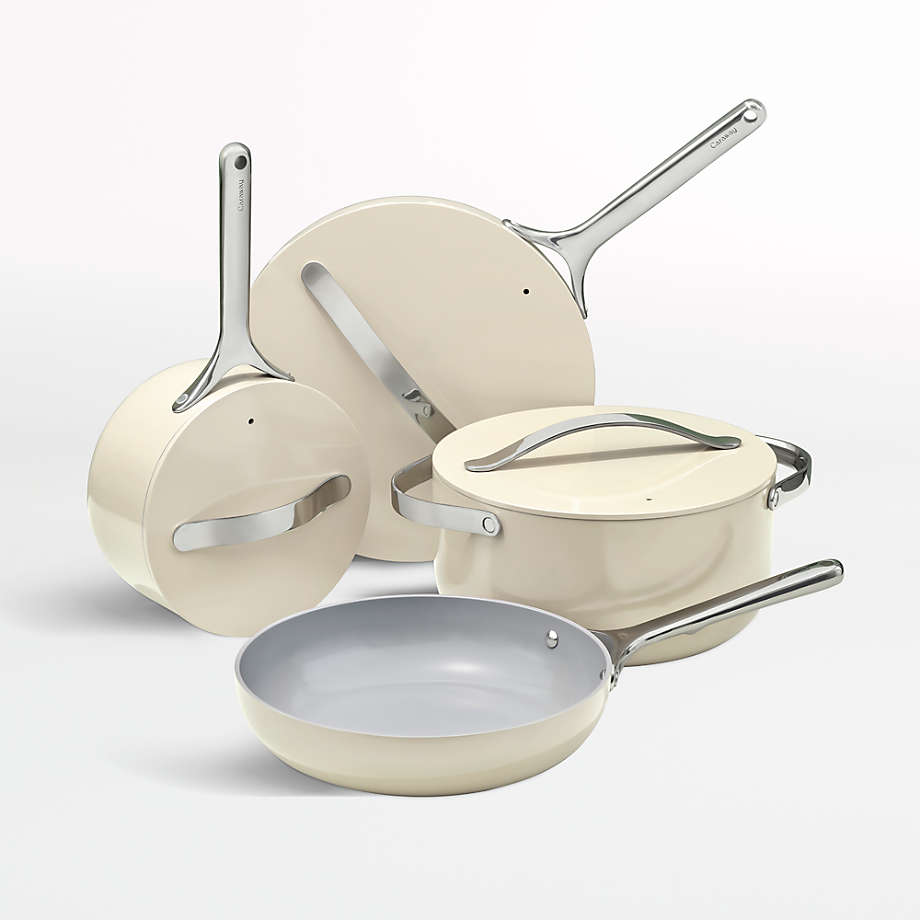 Caraway Home 7-Piece Cream Ceramic Non-Stick Cookware Set with Gold Hardware + Reviews | Crate & Barrel
