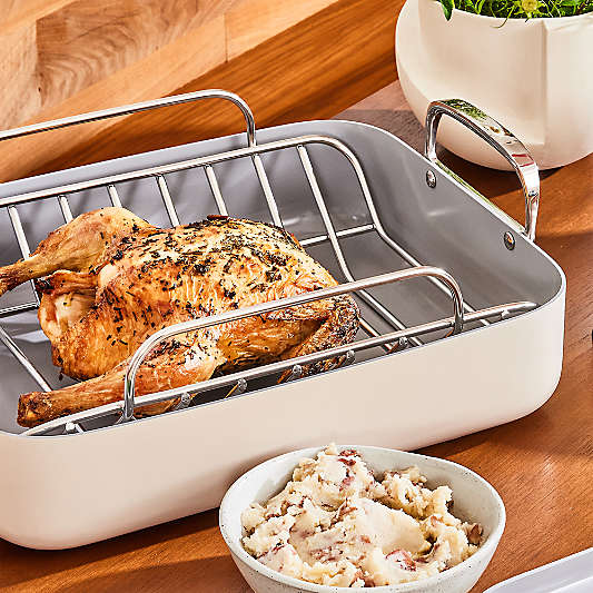 Caraway ® 16.5" Cream Ceramic Non-Stick Roasting Pan with Rack