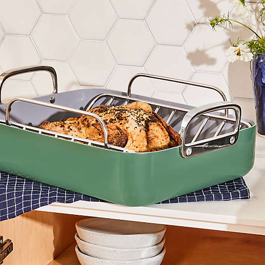Caraway ® 16.5" Sage Ceramic Nonstick Roasting Pan with Rack
