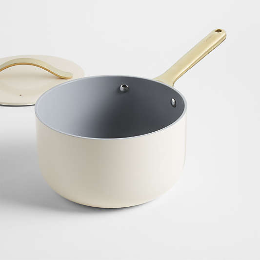 Caraway ® Cream 3-Qt. Ceramic Nonstick Saucepan with Gold Hardware