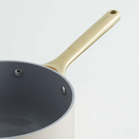 Caraway Cream Non-Stick Ceramic Saucepan with Gold Hardware