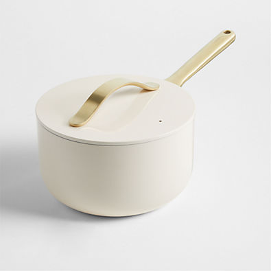 View Caraway Cream Non-Stick Ceramic Saucepan with Gold Hardware details