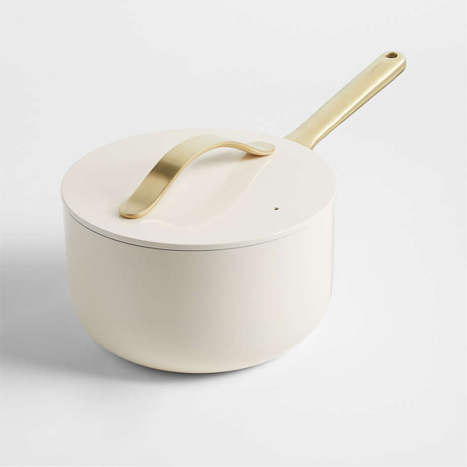 Caraway Cream Non-Stick Ceramic Saucepan with Gold Hardware