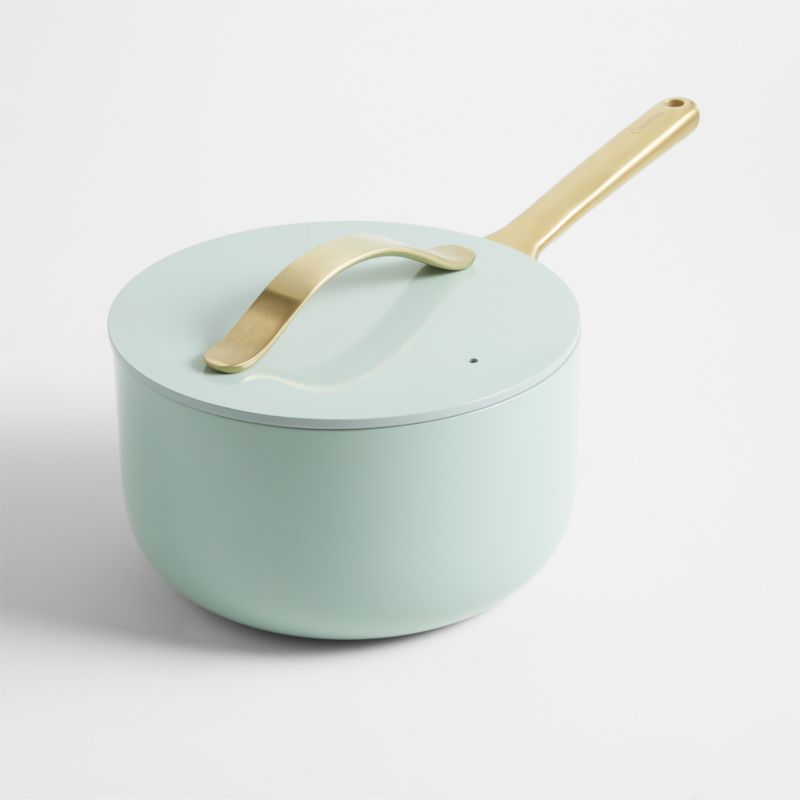 Caraway Silt Green Non-Stick Ceramic Saucepan with Gold Hardware with Gold Hardware