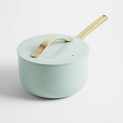 View Caraway Silt Green Non-Stick Ceramic Saucepan with Gold Hardware with Gold Hardware details