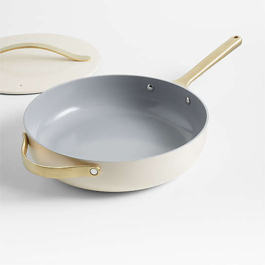 Caraway Cream Non-Stick Ceramic Saute Pan with Gold Hardware