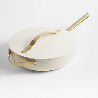 View Caraway Cream Non-Stick Ceramic Saute Pan with Gold Hardware details