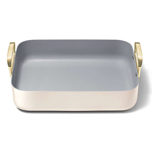 Caraway ® Cream Ceramic Non-Stick Roasting Pan with Rack & Gold Hardware