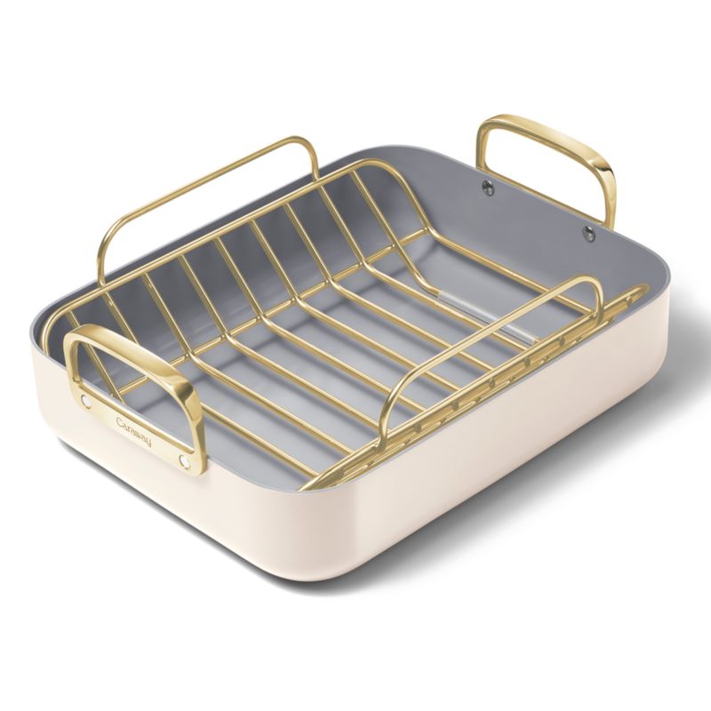 Caraway ® Cream Ceramic Non-Stick Roasting Pan with Rack & Gold Hardware - image 5 of 8