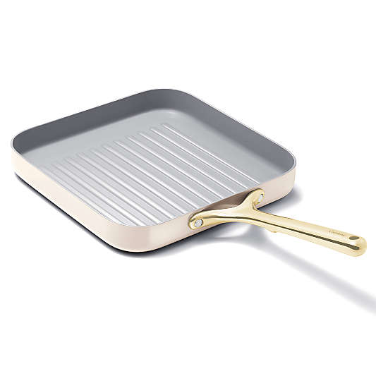 Caraway ® Cream Ceramic Non-Stick Square Grill Pan with Gold Hardware