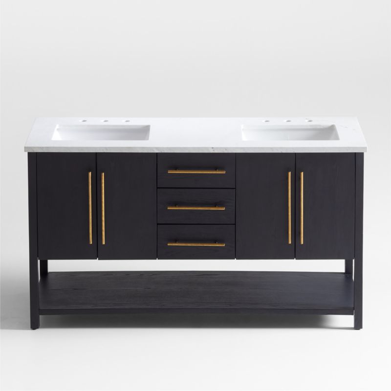 Carmen 60" White Marble Top Double Sink Black Ash Wood Vanity with Shelf